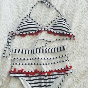 High-rise bikini: white, black, & red Pom fringe.